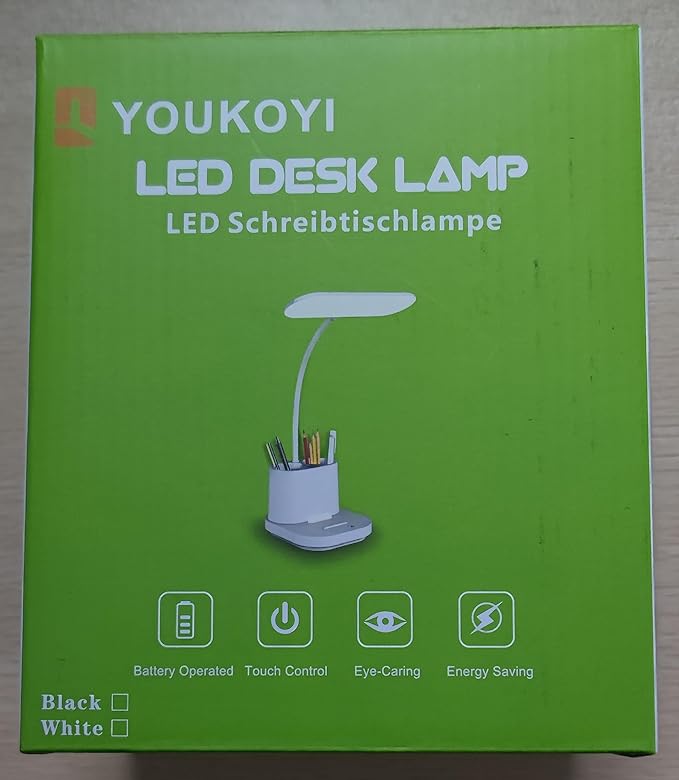YOUKOYI LED Desk Lamps for Home Office, Rechargeable Battery Operated Desk Lamp with Touch Control, Stepless Dimming, 3 Color Modes, Pen Holder and Night Light- Gooseneck Desk light for Study, Reading - LeafyLoom
