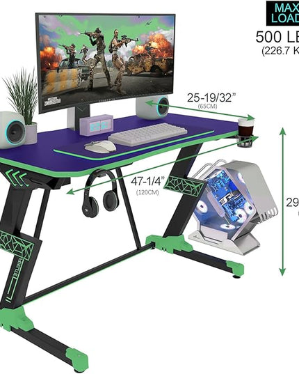 Gaming Desk 47 inch, PC Computer Desk RGB Light Gaming Table with Cup Holder, Earphone Hook, Power Strip Box, Green - LeafyLoom