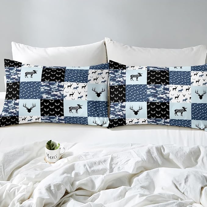 Cute Deer Comforter Set Full, Military Camo Bedding Set for Kids Boys Teens Bedroom Tribal Animal Antlers Silhouette Quilted Comforter Checkered Plaid Arrows Bedding Comforters, Army Blue and White - LeafyLoom