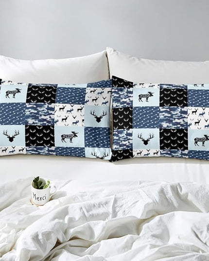 Cute Deer Comforter Set Queen, Military Camo Bedding Set for Kids Boys Teens Bedroom Tribal Animal Antlers Silhouette Quilted Comforter Checkered Plaid Arrows Bedding Comforters, Army Blue and White - LeafyLoom