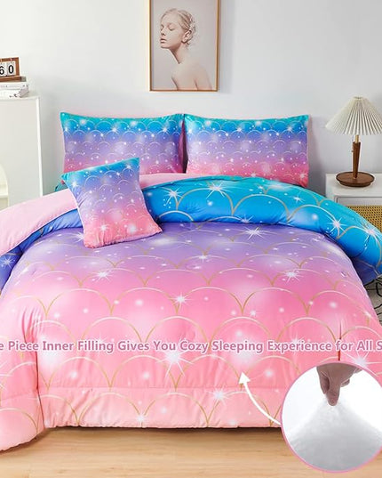 PERFEMET Pink Purple Mermaid Comforter Queen Size 6 Pieces Girls Bedding Set Colorful Rainbow Ombre Bed in A Bag Mermaid Scale Print Queen Comforter Set with Sheets - LeafyLoom