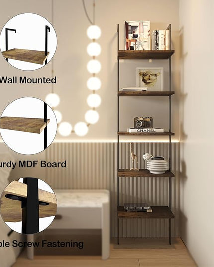 Ladder Shelf 5 Tiers Metal Industrial Bookshelf,Rustic Brown Wood Tall Open Storage Rack and Display Shelves,Wall Mount Wide Book Case for Home Office Bedroom,Small - LeafyLoom