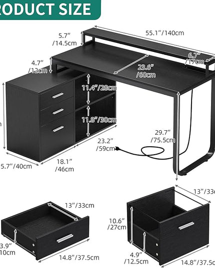 YITAHOME L Shaped Desk with 3 Drawers, 55" Corner Computer Desk with Power Outlets & LED Lights, L-Shaped Desk with File Cabinet for Home Office, Black - LeafyLoom