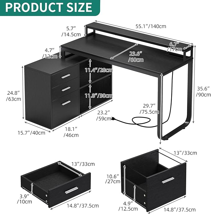 YITAHOME L Shaped Desk with 3 Drawers, 55" Corner Computer Desk with Power Outlets & LED Lights, L-Shaped Desk with File Cabinet for Home Office, Black - LeafyLoom