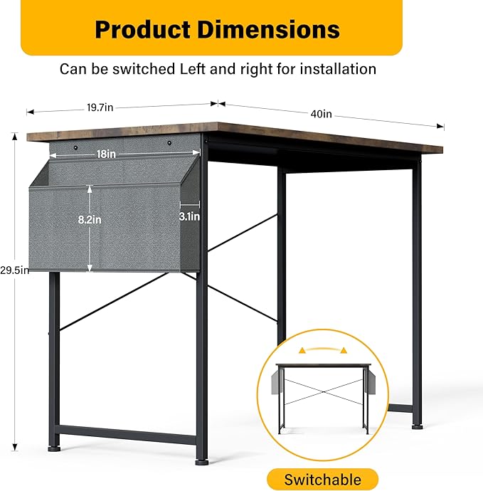 HealSmart 40 Inch Computer Desk Home Writing Study Worktable with Storage Bag for Bedroom, Office, Apartment, Brown - LeafyLoom