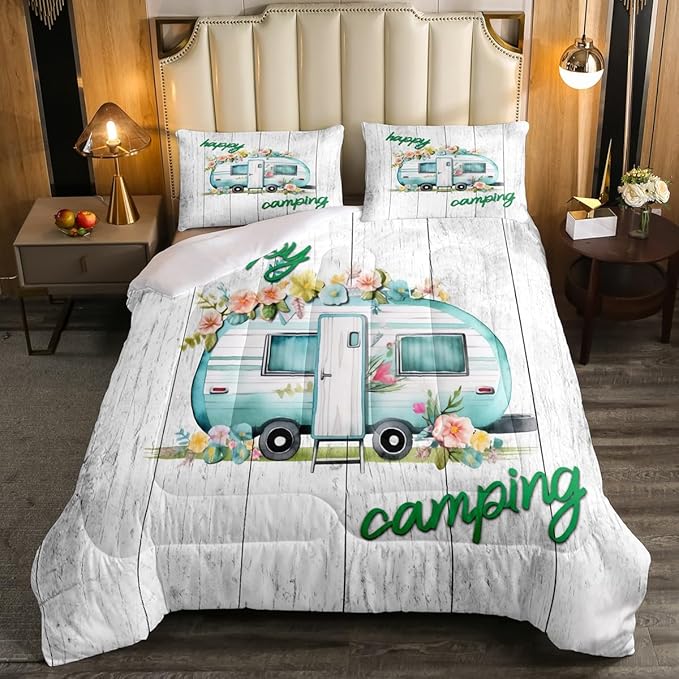 Erosebridal Girls Camping Bedding Camper Car Floral Comforter Set Queen - LeafyLoom