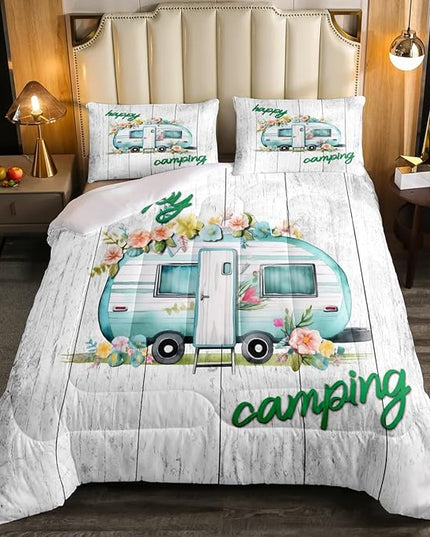 Girls Camper Comforter Set Camping Car Floral Down Comforter Twin Size Rustic Farmhouse Theme Bedding Set Camping Decor Retro Chic Flower Quilted Duvet Old Barn Door Vintage Wooden Style Duvet Set - LeafyLoom