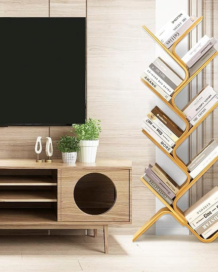 8-Tier Floor Bamboo Tree Bookshelf, Modern Standing Bookcase Office Book Storage Creative Curved Rack Organizer Shelves, Book Shelf Space Saver for Home Living Room Corner Bedroom - LeafyLoom