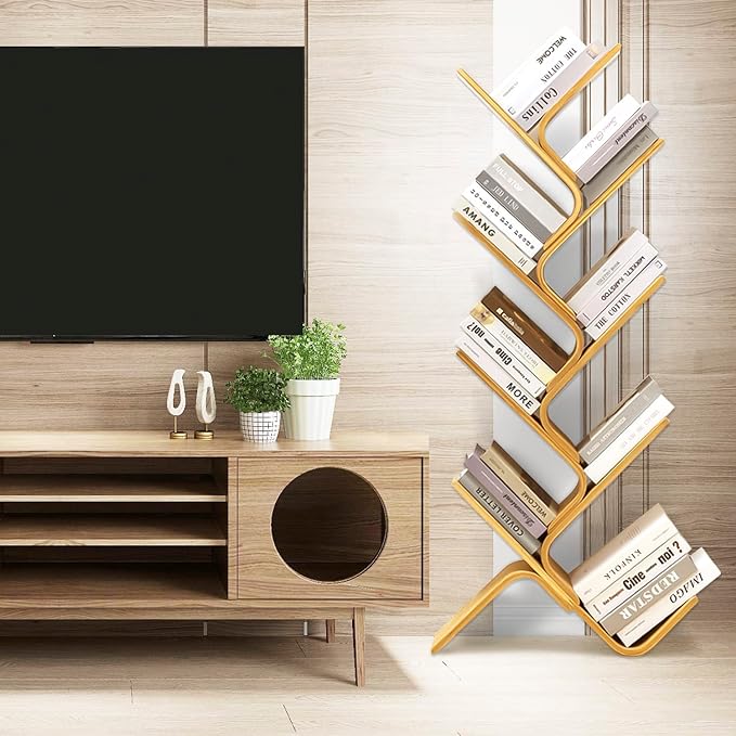8-Tier Floor Bamboo Tree Bookshelf, Modern Standing Bookcase Office Book Storage Creative Curved Rack Organizer Shelves, Book Shelf Space Saver for Home Living Room Corner Bedroom - LeafyLoom
