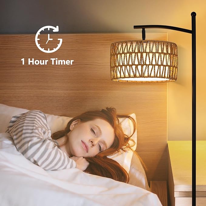 Rattan Floor Lamps for Living Room, Boho Standing Lamp with Remote Control, Arc Floor Lamp Dimmable with Rattan& Linen Double Shades, Wicker Floor Lamp for Bedroom, Office - LeafyLoom