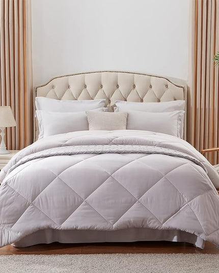 NexHome Queen Comforter Set, 7-Pieces Light Grey Bed in a Bag Queen Size Reversible Comforter All Season Soft Bedding Sets with Comforter, Flat Sheet, Fitted Sheet, Pillowcases & Shams - LeafyLoom