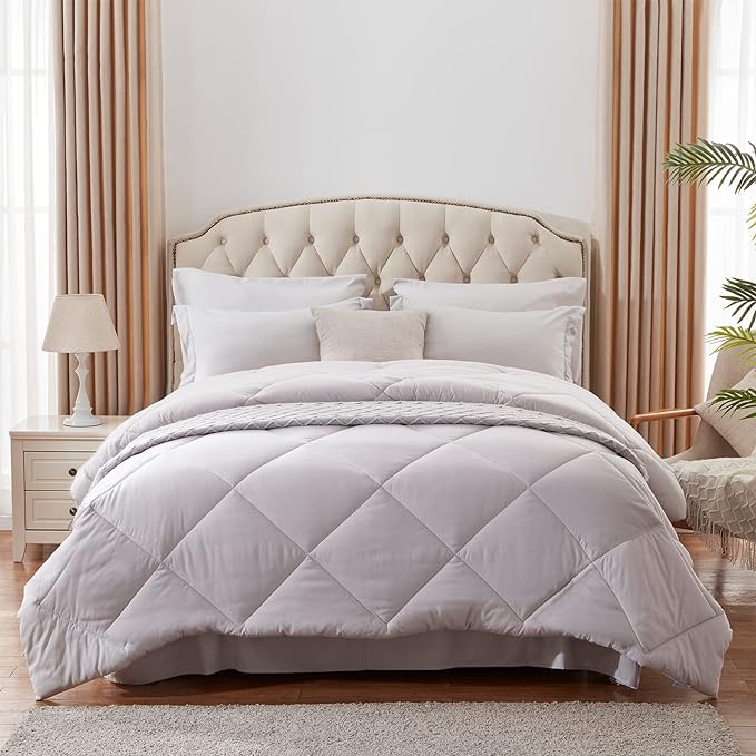 NexHome Queen Comforter Set, 7-Pieces Light Grey Bed in a Bag Queen Size Reversible Comforter All Season Soft Bedding Sets with Comforter, Flat Sheet, Fitted Sheet, Pillowcases & Shams - LeafyLoom