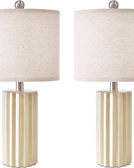 Oneach 21'' Farmhouse Ceramic Table Lamp Set of 2 for Bedroom Living Room House Decor Off-White Desk Lamps Home Office Dorm Rustic Modern Style Lamp - LeafyLoom