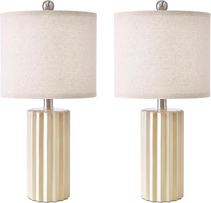 Oneach 21'' Farmhouse Ceramic Table Lamp Set of 2 for Bedroom Living Room House Decor Off-White Desk Lamps Home Office Dorm Rustic Modern Style Lamp - LeafyLoom