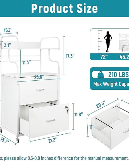 Vertical File Cabinet, 2 Drawer Mobile Filing Cabinet with 1 Bookshelf, Printer Stand with Open Storage Shelves Fits A4/Letter/Legal Size File Cabinets for Home Office Organizer, White - LeafyLoom
