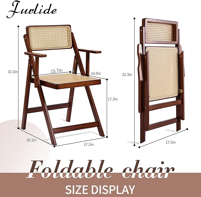 Rattan Folding Dining Chairs Set of 2, Modern Mid Century Dining Chairs with Arms, Outdoor Bamboo Chairs for Bedroom, Living Room, Reading Room, Walnut - LeafyLoom