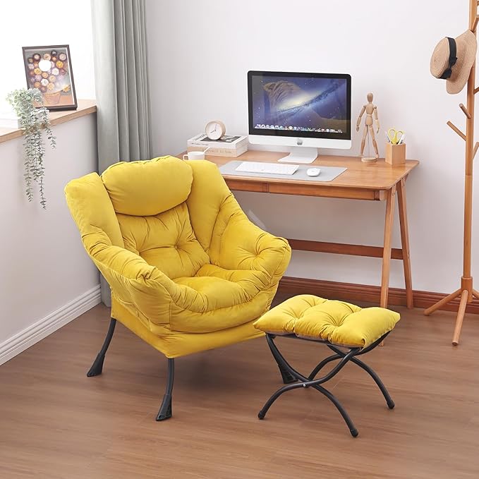 Lazy Chair and Ottoman, Large Accent Lounge Chair with Armrests and a Side Pocket, Modern Leisure Upholstered Sofa Reading Armchair with Footrest for Bedroom, Living Room, Dorm Rooms, Office - LeafyLoom