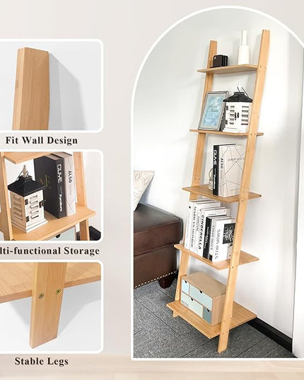 HYNAWIN Ladder Shelf Bookcase,5-Tier Bamboo Storage Rack Shelves Wall Leaning Shelf Unit,FreeStanding Plant Stand, Corner Display Shelves for Living Room, Bathroom, Kitchen, Office(65in) - LeafyLoom