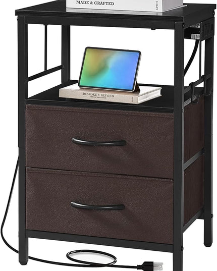 Nightstand with Charging Station, Side Table with Fabric Drawers and Open Shelf, Night Stand for Bedroom Decor, Bedside Table with USB Ports & Outlets (Black,1) - LeafyLoom