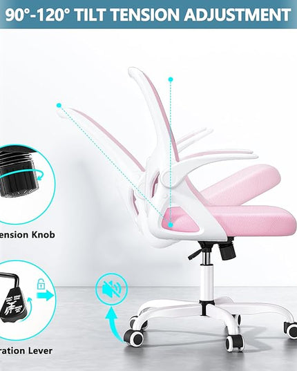 Office Desk Chair with Lumbar Support Ergonomic Mesh Office Chair with Wheels and Flip-up Armrests Adjustable Height Swivel Computer Chair for Home and Office (Pink) - LeafyLoom