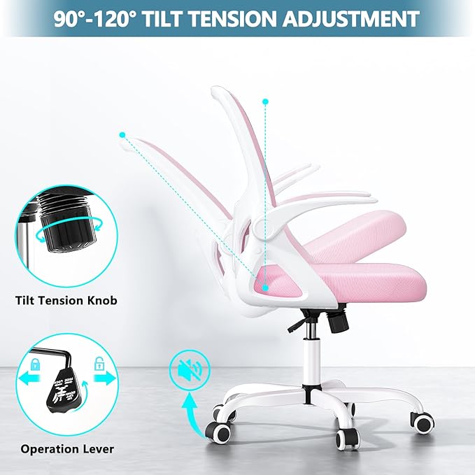 Office Desk Chair with Lumbar Support Ergonomic Mesh Office Chair with Wheels and Flip-up Armrests Adjustable Height Swivel Computer Chair for Home and Office (Pink) - LeafyLoom