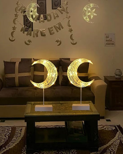 Rustic Moon Lamp for Ramadan Decor, Battery Operated Ramadan Lights for EID Mubarak Decorations, Office Desk, Cabinet, Bedroom Bedside Living Room Decor, Dining Centerpiece Table Decorations - LeafyLoom