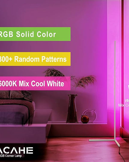 TACAHE Corner Floor Lamp - RGB Color Changing Mood Lighting, Dimmable LED Modern Floor Lamp with Remote, 56" Metal Standing Lamp for Living Room, Bedroom 20W - White - LeafyLoom
