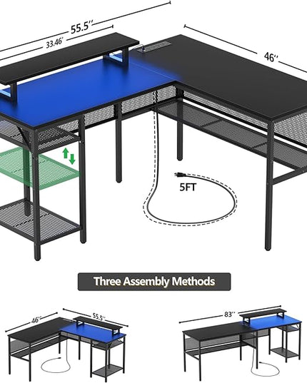 Reversible L Shaped Computer Desk with Magic Power Outlet and Smart LED Light, 55 Inch Large Office Corner Desk with Ergonomic Monitor Stand, Gaming Table with Storage, Grid Design, Black - LeafyLoom
