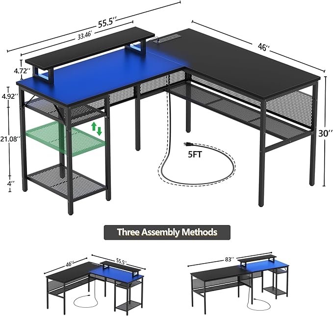 Reversible L Shaped Computer Desk with Magic Power Outlet and Smart LED Light, 55 Inch Large Office Corner Desk with Ergonomic Monitor Stand, Gaming Table with Storage, Grid Design, Black - LeafyLoom