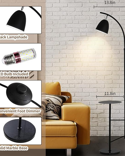 O'NEELDY Modern Black Arc Floor Lamp with Table Attached 71" Height Marble Arched Floor Lamp Curved Tall Shelf Standing Lamp for Living Room, Office, 360° Rotatable Shade, E26 Bulb Included - LeafyLoom