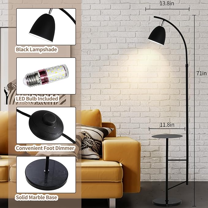 O'NEELDY Modern Black Arc Floor Lamp with Table Attached 71" Height Marble Arched Floor Lamp Curved Tall Shelf Standing Lamp for Living Room, Office, 360° Rotatable Shade, E26 Bulb Included - LeafyLoom