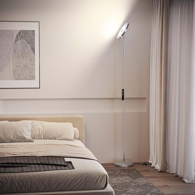 SUNMORY Floor Lamps for Living Room, 32W/3000LM Super Bright LED Floor Lamp with Remote Control, 69" Tall Standing Lamp with Stepless Dimmable, Modern Torchiere Corner Lamp for Bedroom, Office Nickel - LeafyLoom