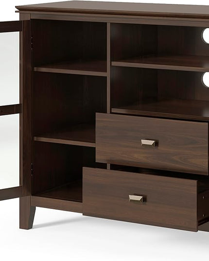 SIMPLIHOME Artisan SOLID WOOD Universal TV Media Stand, 53 inch Wide, Transitional, Living Room Entertainment Center, Storage Shelves and Cabinets, for Flat Screen TVs up to 60 inches in Tobacco Brown - LeafyLoom