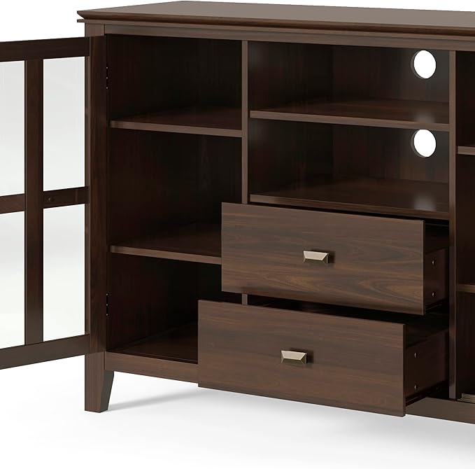 SIMPLIHOME Artisan SOLID WOOD Universal TV Media Stand, 53 inch Wide, Transitional, Living Room Entertainment Center, Storage Shelves and Cabinets, for Flat Screen TVs up to 60 inches in Tobacco Brown - LeafyLoom