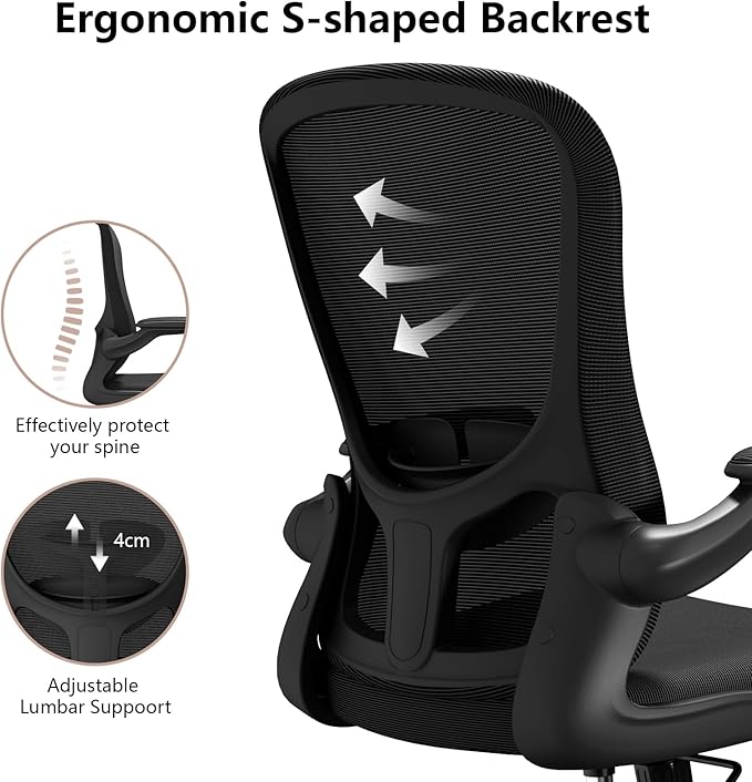 Ergonomic Office Chair, Comfort Swivel Home Office Task Chair, Breathable Mesh Desk Chair, Lumbar Support Computer Chair with Flip-up Arms and Adjustable Height - LeafyLoom