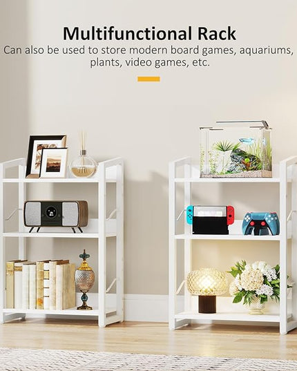 Book Shelf Small Bookshelf - 3-Tier Wood Bookcase Industrial Bookshelf Metal Narrow Bookshelves Storage Organizer Display Rack for Bedroom Living Room Home Office (White) - LeafyLoom