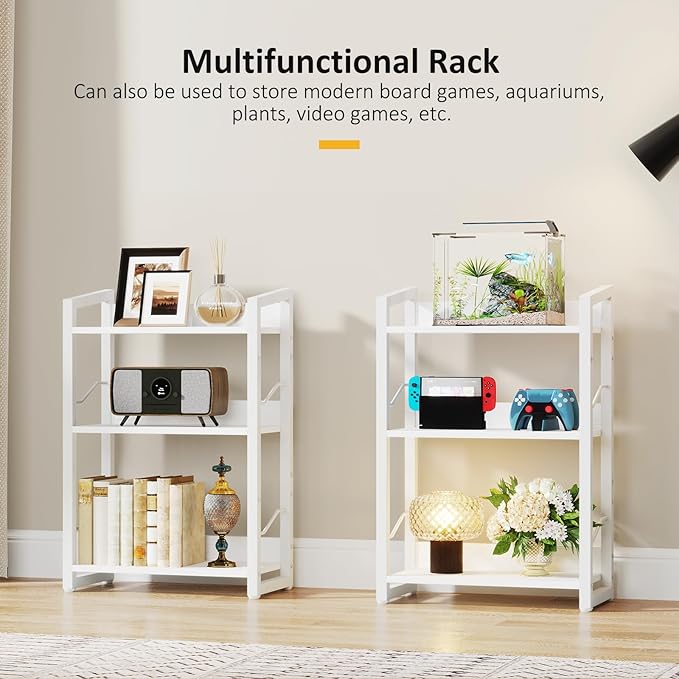 Book Shelf Small Bookshelf - 3-Tier Wood Bookcase Industrial Bookshelf Metal Narrow Bookshelves Storage Organizer Display Rack for Bedroom Living Room Home Office (White) - LeafyLoom