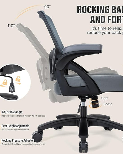 Big and Tall Office Chair 400lb- Mesh Ergonomic Heavy Duty Desk Chair- Flip Arms, Plus Size Wide Seat Executive Computer Chair for Large People- Home Office Swivel Rolling Task Chairs - LeafyLoom