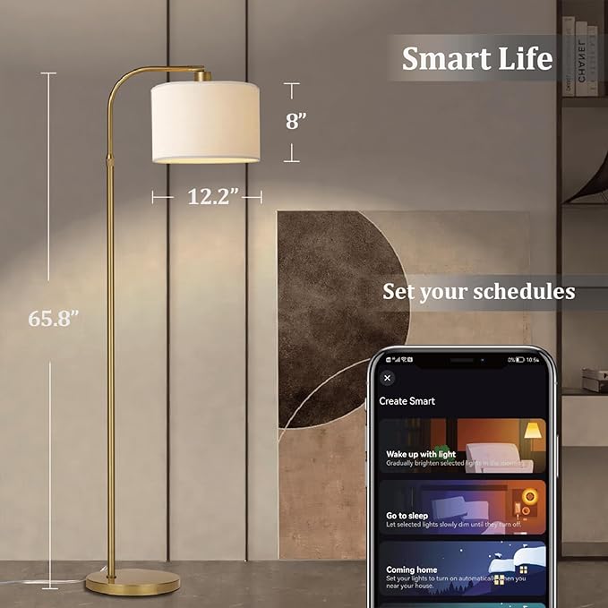 Gold Floor Lamp with Remote Control, 1200 Lumens 15W LED Bulb Included, Adjustable Height Arc Floor Lamps for Living Room, Modern Gold Standing Lamp Dimmable Floor Lamp for Bedroom, Office - LeafyLoom