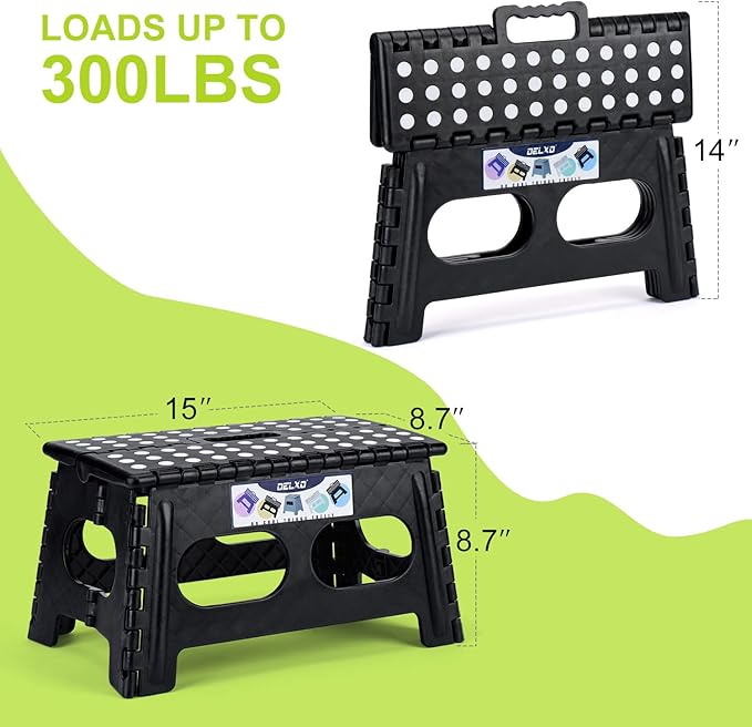 Delxo Folding Step Stool for Kids and Adults,15-Inch Extra Wide 9 Inch Height Heavy Duty Stepping Stool More Safe and Comfortable Non Slip Foldable Step Stool Black - LeafyLoom