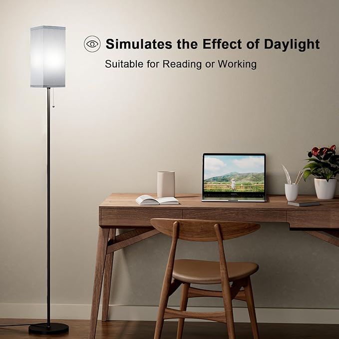 Grey Floor Lamp for Bedroom Modern - 3 Color Temperature Black Standing Lamps with Pull Chain Switch, Tall Lamp for Office Home Nursery and Hotel, Pole Lamp for Reading - LeafyLoom