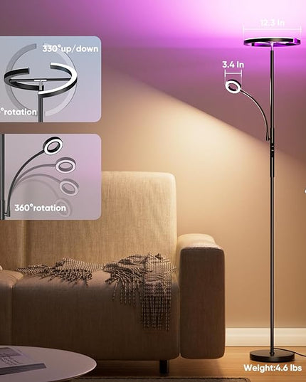 Upgraded RGBCW Floor Lamp with Ring Reading Lamp, Rotatable Remote Control LED Standing Lamp Dimmable Floor Light Modern Standing Light for Living Room Bedroom Home Office, 32W, Black - LeafyLoom