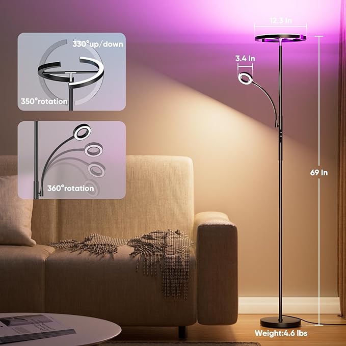 Upgraded RGBCW Floor Lamp with Ring Reading Lamp, Rotatable Remote Control LED Standing Lamp Dimmable Floor Light Modern Standing Light for Living Room Bedroom Home Office, 32W, Black - LeafyLoom