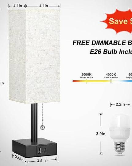 Bedside Table Lamp with 3 Color Temperatures - 3000/4000/5000K Small Lamp with USB C+A Ports, Nightstand Lamp with 3 Color Modes by Pull Chain, Bedroom Lamp for Living Read Work(LED Bulb Included) - LeafyLoom