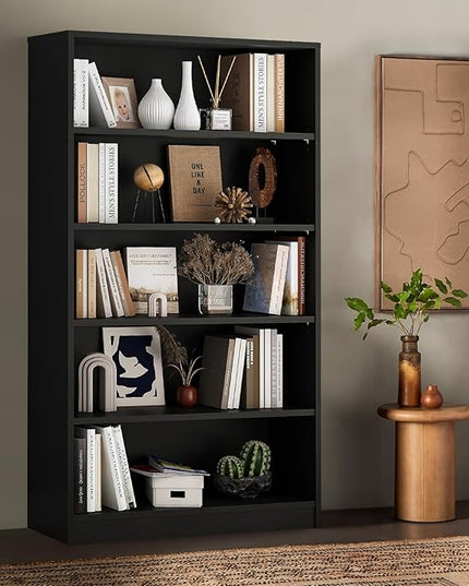 Soohow Black Bookcase,Bookshelf for Bedroom,60 inches Tall Wood Book case Book Shelves,5 Shelf Book Shelves for Living Room Office - LeafyLoom