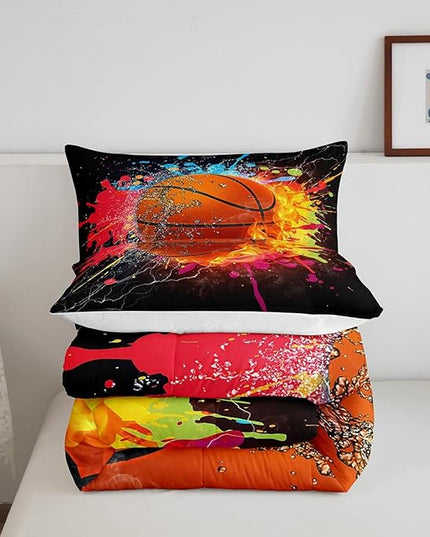 Teen Boys Basketball Bedding Set Twin Kids Sports Comforter Sets Soft Lightweight Bedroom Dorm Decor,Red Blue Fire And Water Lightning Ball Duvet Insert,Colorful Grunge Tie Dye Quilt Bedding 2 Pcs - LeafyLoom