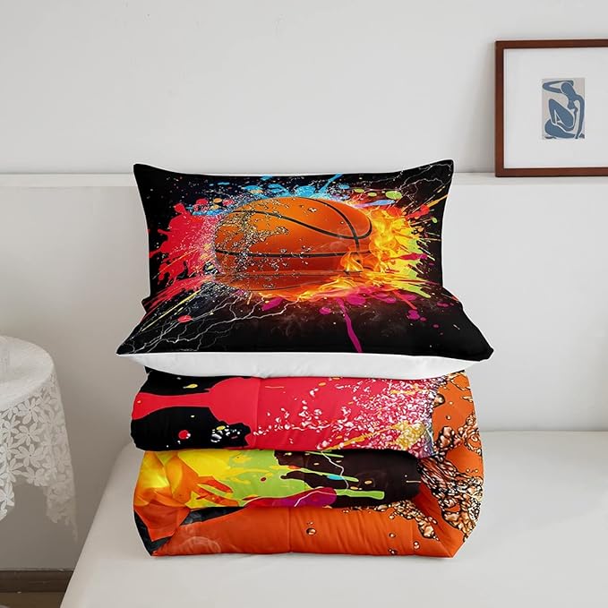 Teen Boys Basketball Bedding Set Twin Kids Sports Comforter Sets Soft Lightweight Bedroom Dorm Decor,Red Blue Fire And Water Lightning Ball Duvet Insert,Colorful Grunge Tie Dye Quilt Bedding 2 Pcs - LeafyLoom