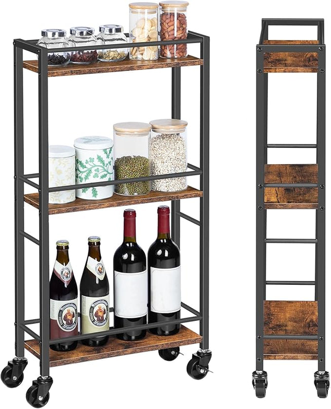 Slim Rolling Cart, Mobile Kitchen Cart on Wheels, Narrow Storage Cart for Small Space, Wooden Service Cart, for Bathroom, Laundry, Living Room, Rustic Brown RCHR1501Z - LeafyLoom