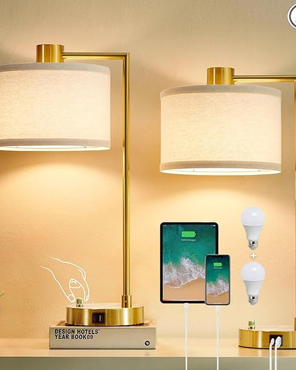 Luvkczc Table Lamp for Bedroom Set of 2 with USB C+A Ports, Fully Stepless Dimmable Bedside Lamp with Linen Lampshade, Nightstand Lamp for Living Room Reading Office, 2 LED Bulbs Included (Gold) - LeafyLoom