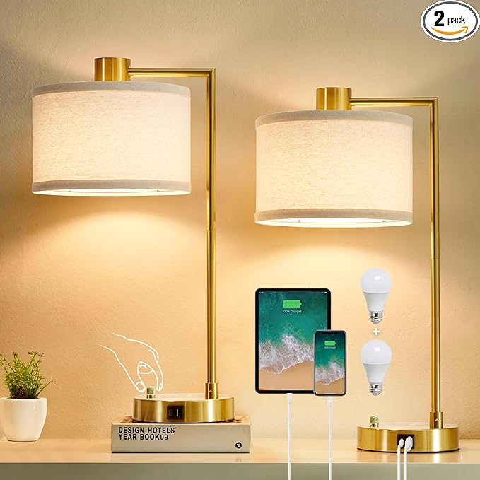 Luvkczc Table Lamp for Bedroom Set of 2 with USB C+A Ports, Fully Stepless Dimmable Bedside Lamp with Linen Lampshade, Nightstand Lamp for Living Room Reading Office, 2 LED Bulbs Included (Gold) - LeafyLoom